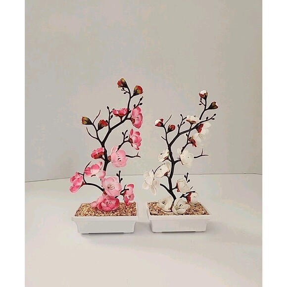 Lot 2 Decorative Cherry Blossom Bonsai Tree with Artificial Flowers & Blossoms - Picture 1 of 8